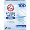 ARM & HAMMER Power Sheets Laundry Detergent, Fragrance Free, Dermatologist Tested Concentrated Laundry Detergent Sheets, 50 Count, up to 100 Small Loads