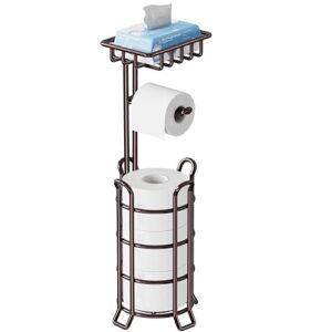 TomCare Toilet Paper Holder Upgraded Toilet Paper Stand with Raised Feet Metal Bathroom Accessories Tissue Paper Dispenser Free Standing Toilet Paper Roll with Storage Shelf (Bronze)