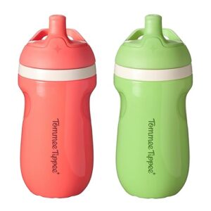 Tommee Tippee Insulated Sporty Bottle, 9oz, No Spill Toddler Water Bottle For 12 months +, Two-Piece Valve Helps Stop Spills, Pack of 2, Green and Red