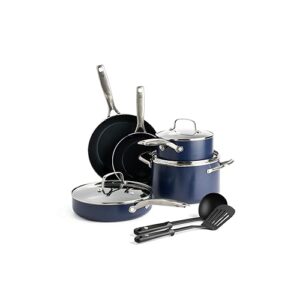 Blue Diamond Cookware 10 Piece Cookware Pots and Pans Set, Diamond Infused Healthy Ceramic Nonstick, PFAS and PFOA-Free, Dishwasher Safe, Oven Safe, Metal Utensil Safe, Warp Control, Blue