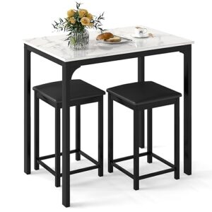 Giantex 3 Pcs Dining Table and Chairs Set with Faux Marble Tabletop 2 Chairs Contemporary Dining Table Set for Home or Hotel Dining Room, Kitchen or Bar (White & Black)