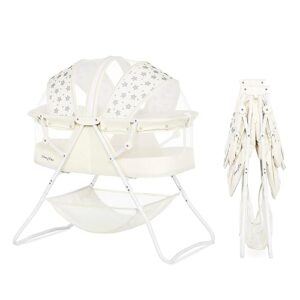 Dream On Me Karley Bassinet in French White, Lightweight Portable Baby Bassinet, Quick Fold and Easy to Carry , Adjustable Double Canopy, Indoor and Outdoor Bassinet with Large Storage Basket.