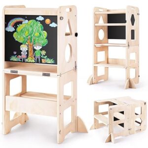 4-in-1 Toddler Kitchen Step Stool, Foldable Learning Standing Tower with Blackboard, Wooden Kitchen Stool Helper for Kids, 1-3 Year Old Boy Girl Gifts