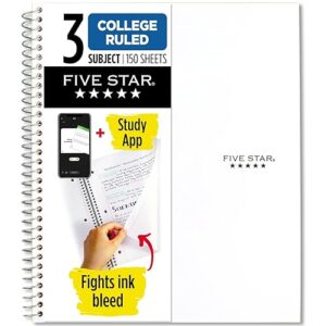 Five Star Spiral Notebook + Study App, 3 Subject, College Ruled Paper, Fights Ink Bleed, Water Resistant Cover, 8-1/2" x 11", 150 Sheets, White (72464)  GPT