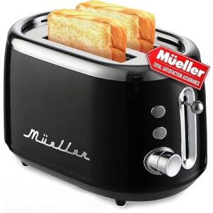 Mueller Retro Toaster 2 Slice with 7 Browning Levels and 3 Functions: Reheat, Defrost & Cancel, Stainless Steel Features, Removable Crumb Tray, Under Base Cord Storage, Black