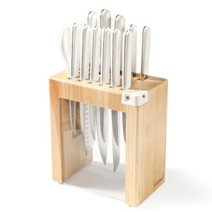 CAROTE 14PCS Knife Set with Acrylic Block, Kitchen Knives with Built-in Sharpener, Cutlery Set with High Carbon Stainless Steel Sharp Blade, Dishwasher Safe, White