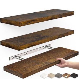 BAYKA Floating Wood Shelves - Wall Mounted for Bathroom,Bedroom,Living Room,Kitchen,Small Hanging Shelf for Books/Storage/Room Decor with 22lbs Capacity(Rustic Brown,Set of 3,15.7inch)