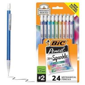 BIC Xtra-Sparkle Number 2 Mechanical Pencils With Erasers (MPLP241-BLK), Medium Point (0.7mm), 24-Count Pack, Cute Mechanical Pencils For Girls, Boys and Adults (Barrel Colors May Vary)