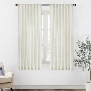 XTMYI 63 Inch Length Linen Sheer Curtains for Bedroom 2 Panels Back Tab Hooks Pleat Rod Pocket Light Filtering Semi Transparent Opaque Drapes for Living Room Bathroom Window,50x63 in Long,Cream Beige