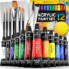 Complete Acrylic Paint Set – 12х Rich Pigment Colors & 6x Art Brushes - Includes 3 Paint Canvases, Palette Knife & Sponge - Perfect for Canvas, Clay, Ceramic - Non-Toxic, Great for Kids & Adults