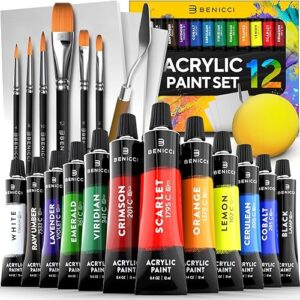Complete Acrylic Paint Set – 12х Rich Pigment Colors & 6x Art Brushes - Includes 3 Paint Canvases, Palette Knife & Sponge - Perfect for Canvas, Clay, Ceramic - Non-Toxic, Great for Kids & Adults