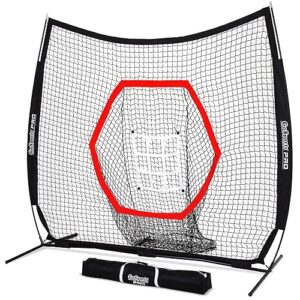 GoSports 7 ft x 7 ft Baseball & Softball Practice Hitting & Pitching Net with Bow Type Frame, Carry Bag and Strike Zone - Choose Red, Black, or PRO, Great for All Skill Levels