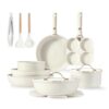 CAROTE 19pcs Pots and Pans Set, Nonstick Cookware Set, Oven/Fridge Use, Induction Kitchen Cookware Sets Non Stick with Detachable Handle, RV Cookware Set, Gold and White