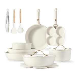 CAROTE 19pcs Pots and Pans Set, Nonstick Cookware Set, Oven/Fridge Use, Induction Kitchen Cookware Sets Non Stick with Detachable Handle, RV Cookware Set, Gold and White