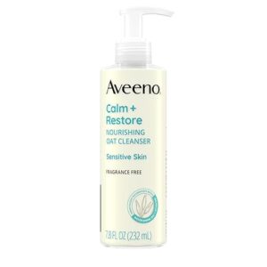 Aveeno Calm + Restore Facial Cleanser for Sensitive Skin, Hydrating Gentle Milky Face Cleanser with Nourishing Oat and Feverfew, Hypoallergenic Formula, Fragrance Free, 7.8 FL OZ