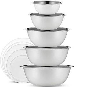 WHYSKO Stainless Steel Mixing Bowl Set, 10 Piece Stainless Steel Mixing Bowls with Lids Set for Food Prep Storage and Serving, Dishwasher Safe Microwave Safe for Kitchen Baking Cooking, White