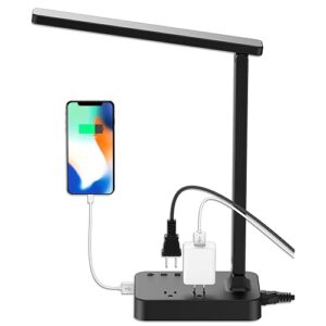 Drevet LED Desk Lamp, Desk Light with 1 USB Charging Port and 2 AC Power Outlet, 3 Lighting Modes, 3 Level Brightness,1H Timer, Touch Control, Eye-Caring Home Office Foldable Table Lamp (Black)