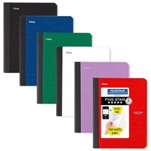 Five Star Composition Books + Study App, 6 Pack, College Ruled Paper, 9-3/4" x 7-1/2", 80 Sheets, Black, Red, Green, Blue, Purple, White (850065A-ECM)