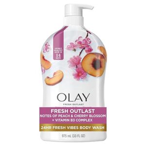 Olay Fresh Outlast Body Wash, 24hr Fresh Vibes, Refreshing & Restorative, Paraben Free, Peach and Cherry Blossom Scent, 33 fl oz