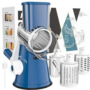 Cambom Rotary Cheese Grater Hand Crank Cheese Shredder for Fresh Cheese, Vegetable, Nuts,Non-slip Suction Base, Free Cleaning Brush Three Blades,Deep Blue