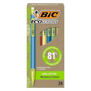 BIC Ecolutions Mechanical Pencils with Erasers, With Colorful Barrel, Medium Point (0.7mm), 24-Count Pack, Mechanical Pencils Made from 81% Recycled Plastic Excluding Leads and Erasers (MPE24-BLK)