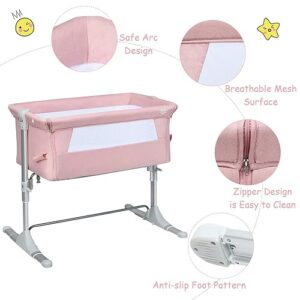 BABY JOY Baby Bedside Crib, Portable Travel Sleeper Bed Side Bassinet w/Carrying Bag, Newborn Bassinet to Infant, Kids Crib with Detachable Mattress, Height Adjustable Design, Breathable Mesh, Pink
