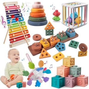 Montessori Baby Toys for 1+ Year Old - Sorting Stacking Learning Toys 6 to 12 Months, Wooden Building Blocks, Xylophone Musical, Infant Teethers Toys for Babies, 6 in 1 Toy Gifts for Toddlers