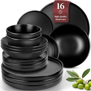 Matte Black Dinnerware Set - Ultra Chic Black Stoneware Dinnerware Sets for 4-16 pcs. Matte Black Plate Set - Dishwasher and Microwave Safe - Black Plates Ceramic and Bowls - Black Dishware