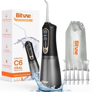 Bitvae C6 Water Dental Flosser Teeth Pick, Cordless Flosser for Travel with 6 Jet Tips, 3 Modes 5 intensities, IPX7 Waterproof Portable & Rechargeable Oral Irrigator Cleaner, Black