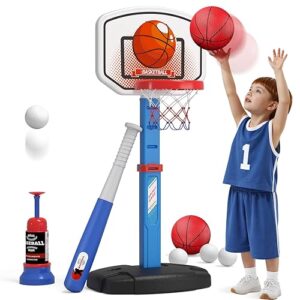 2 in 1 Kids Basketball Hoop and T Ball Set - Adjustable Height, Kids Baseball Tee with Automatic Pitching Machine, Indoor Outdoor Sport Toys Gifts for Toddler Boys Girls Age 1-5, Blue