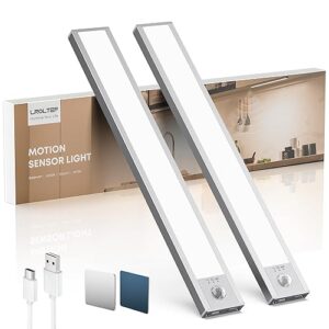 Under Cabinet Lights, 2 Pack Magnetic Dimmable Closet Lights, 32 LED 1500 mAh USB Rechargeable Battery Operated Motion Sensor Light Indoor, Wireless Under Counter Lights for Kitchen, Stairs