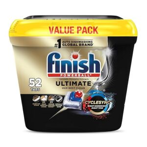 Finish Ultimate Dishwasher Tabs, No Pre-Rinse Dishwasher Detergent Soap Removes Burnt-On Stain, with CycleSync Technology, Degreasing & Scrubbing Power, 52 Count