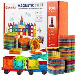 Gemmicc Magnetic Tiles 100 PCS with 2 Cars, STEM Approved Educational Magnet BuildingToys, Magnet Puzzles Stacking Blocks for Boys Girls