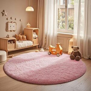 Ophanie Round Rug 4Ft Pink Circle Area Rug, Fluffy Fuzzy Bedroom Carpet, Plush Soft Shaggy Indoor Floor Kawaii Living Room Rugs for Kids, Cute Room Decor for Teen Girls Home Decor Aesthetic, Nursery