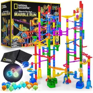 NATIONAL GEOGRAPHIC Glowing Marble Run – 250 Piece Construction Set with 50 Glow in The Dark Glass Marbles & Storage Bag, STEM Gifts for Boys and Girls, Building Project Toy (Amazon Exclusive)