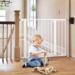 COMOMY 30" Tall Baby Gate for Stairs Doorways, Fits Openings 29.5" to 43.3" Wide, Auto Close Extra Wide Dog Gate for House, Pressure Mounted Easy Walk Through Pet Gate with Door, White