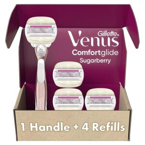Gillette Venus Comfortglide plus Olay Sugarberry Women's Razor with Rose Gold Metal Handle + 4 Blade Refills