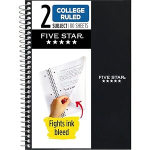Five Star Spiral Notebook, 2 Subject, College Ruled, 9 1/2" x 6" 80 Sheets, Black (840029AA2-ECM)