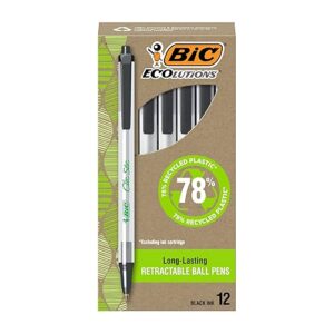 BIC Ecolutions Clic Stic Black Ballpoint Pens, Medium Point (1.0mm), 12-Count Pack, Retractable Ball Point Pens Made from 78% Recycled Plastic
