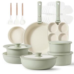 CAROTE 23pcs Pots and Pans Set Non Stick, Cookware Sets, Kitchen Set, Oven/Dishwasher/Fridge Safe, Space Saving Pots Set, Nonstick Set with Versatile Detachable Handle, Induction RV Set, Green