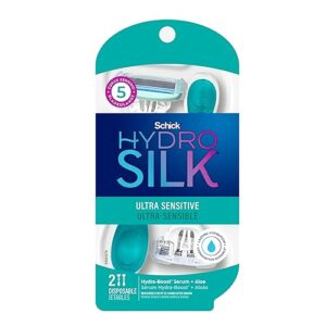 Schick Hydro Silk Sensitive Womens Disposable Razors, 2 Count, 5-Blade Disposable Razors for Women Sensitive Skin, Travel Razor for Women