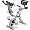 pooboo Folding Exercise Bike, Foldable Fitness Stationary Bike Machine, Upright Indoor Cycling Bike, Magnetic X-Bike with 8-Level Adjustable Resistance, Bottle Holder & Back Support Cushion for Home Gym Workout