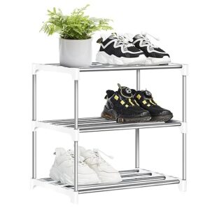 Stackable Small Shoe Rack for Closet 3 Tier, Sturdy Shoe Rack Organizer for Front Door Entrance and Entryway, Free Standing Metal Shoe Shelf Storage for Closet Bedroom Garage White