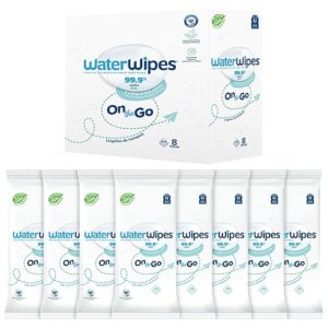 WaterWipes On The Go Wipes, 99.9% Water-Based Wipes for Travel, Sports, and to Refresh Skin, Unscented & Hypoallergenic, 224 Count (8 Packs)