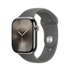 Apple Watch Series 10 [GPS + Cellular 46mm case] Smartwatch with Natural Titanium Case with Stone Grey Sport Band - S/M. Fitness Tracker, ECG App, Always-On Retina Display, Water Resistant