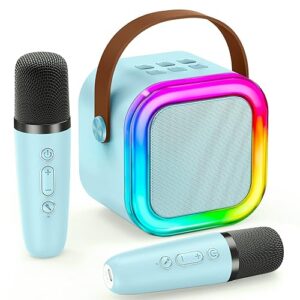 Mini Karaoke Machine for Kids, Birthday Easter Gifts Toys for Girls Boys Friends Age 3-12+, Portable Bluetooth Speaker with 2 Wireless Mics, Karafun Premium Songs Family Home Party(Blue)