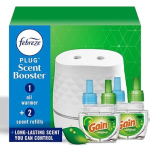 Febreze PLUG Scent Booster Starter Kit, Oil Diffuser, Air Freshener Plug In, Continuous Scent Device + 2 Gain Original Refills