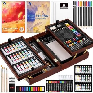 Art Supplies, Vigorfun Deluxe Wooden Art Set Crafts Drawing Painting Kit with 2 Sketch Pads, Oil Pastels, Acrylic, Watercolor Paints, Creative Gifts Box for Adults Artist Kids Teens Girls