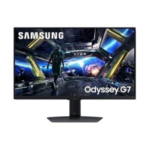 Samsung 27” Odyssey G7 (G70D) 4K UHD IPS 144Hz 1ms(GtG) Smart Gaming Monitor, G-Sync Compatible, AMD Freesync Premium, Vivid Colors, Adjustable Stand, Black Equalizer, LS27DG702ENXZA