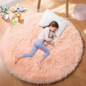 PAGISOFE Pink Round Rugs 5Ft, Circle Rugs for Girls Bedroom, Fluffy Carpets for Girls Room, Shaggy Rug, Indoor Small Teepee Furry Mat, Comfy Reading Playmat, Circular Rugs for Kids Baby Nursery Room